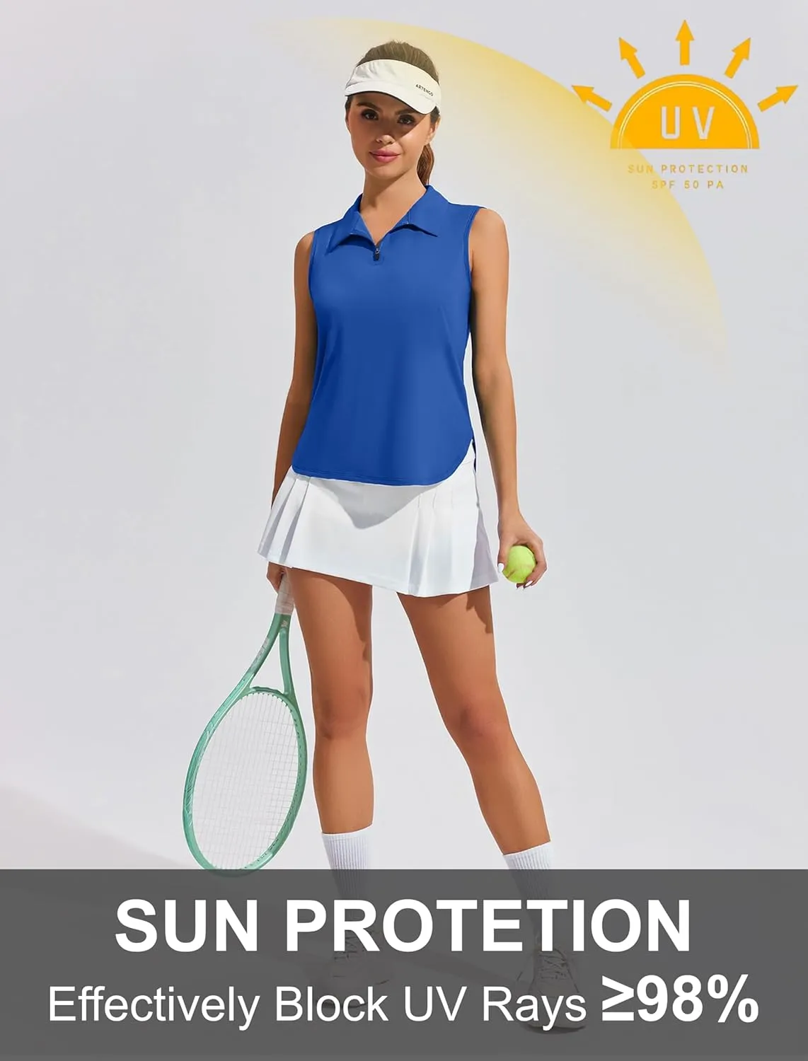 PINSPARK Women Golf Shirts Sleeveless UPF 50  Tennis Polo V-Neck Quick Dry Athletic T Shirt 1/4 Zip Collar Workout Tank Top