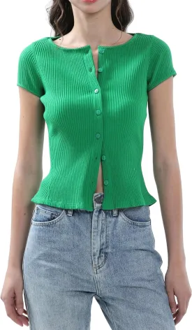 Ribbed Button Down T Shirts for Women Short Sleeve Going Out Tops Cropped Fitted Knit Blouses
