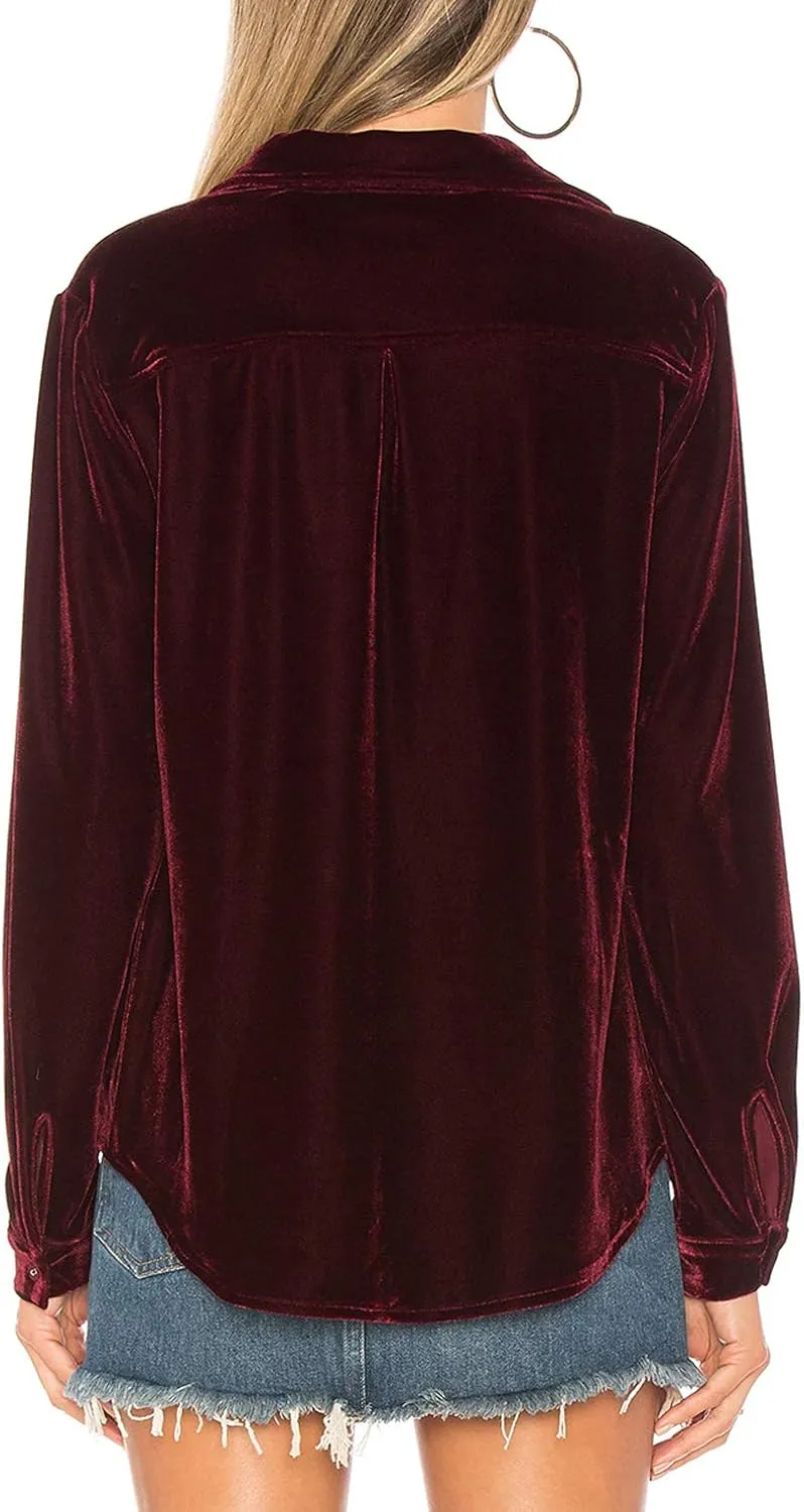 R.Vivimos Womens Winter Velvet Long Sleeve Button Down Casual Tops Shirts
