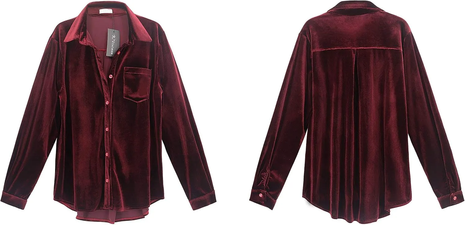R.Vivimos Womens Winter Velvet Long Sleeve Button Down Casual Tops Shirts