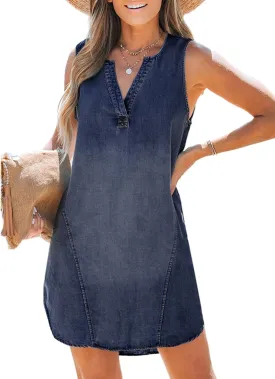 Sidefeel Women's Summer Denim Dresses 2025 Loose Sleeveless Sleeve V Neck Jean Sundresses with Pockets