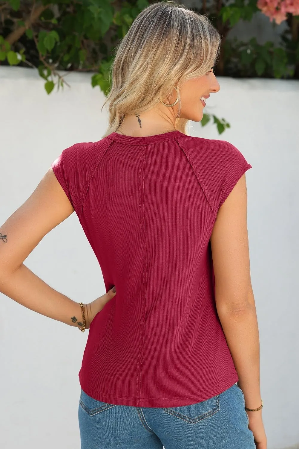 Sidefeel Womens Tops Casual Crewneck Cap Sleeve Tops Ribbed Raw Hem Summer T Shirts Slim Fit Basic Tees Blouses