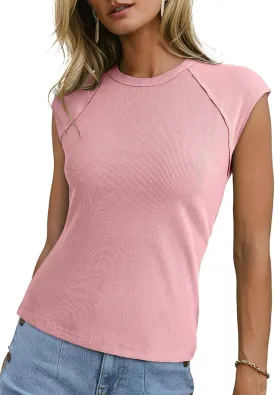 Sidefeel Womens Tops Casual Crewneck Cap Sleeve Tops Ribbed Raw Hem Summer T Shirts Slim Fit Basic Tees Blouses