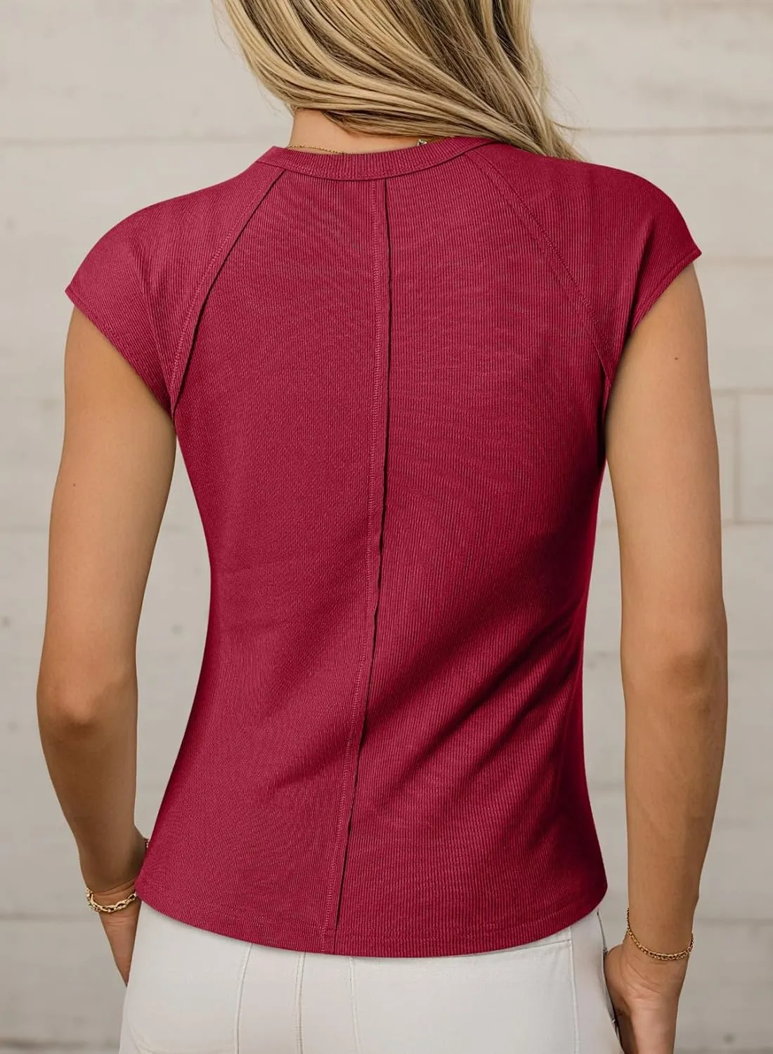 Sidefeel Womens Tops Casual Crewneck Cap Sleeve Tops Ribbed Raw Hem Summer T Shirts Slim Fit Basic Tees Blouses