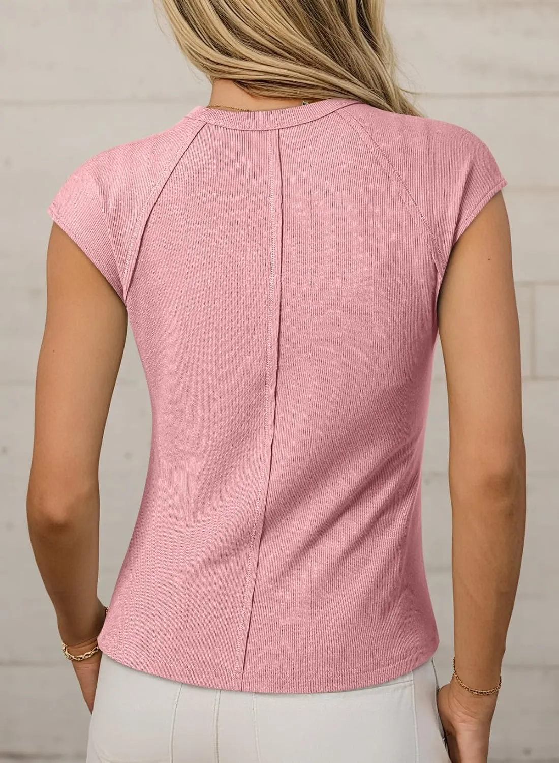 Sidefeel Womens Tops Casual Crewneck Cap Sleeve Tops Ribbed Raw Hem Summer T Shirts Slim Fit Basic Tees Blouses