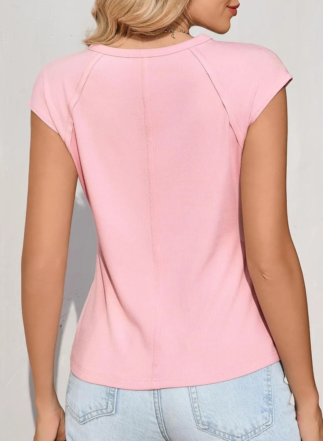Sidefeel Womens Tops Casual Crewneck Cap Sleeve Tops Ribbed Raw Hem Summer T Shirts Slim Fit Basic Tees Blouses