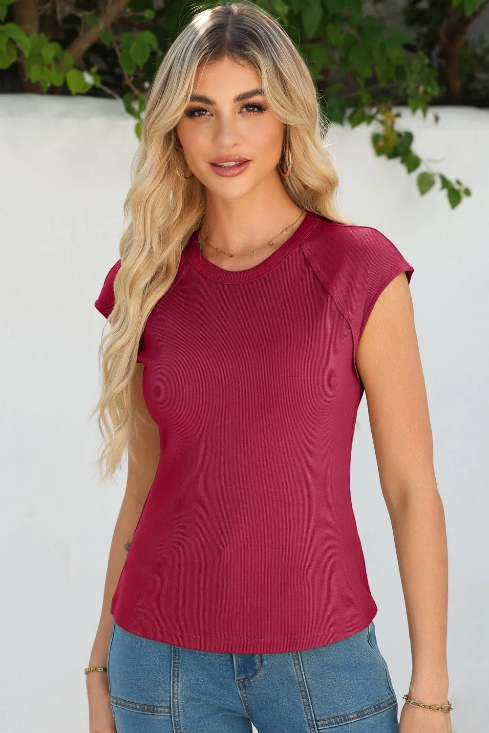 Sidefeel Womens Tops Casual Crewneck Cap Sleeve Tops Ribbed Raw Hem Summer T Shirts Slim Fit Basic Tees Blouses