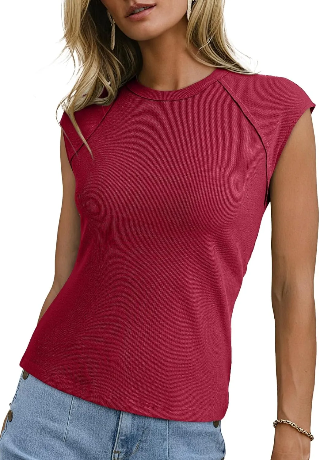 Sidefeel Womens Tops Casual Crewneck Cap Sleeve Tops Ribbed Raw Hem Summer T Shirts Slim Fit Basic Tees Blouses