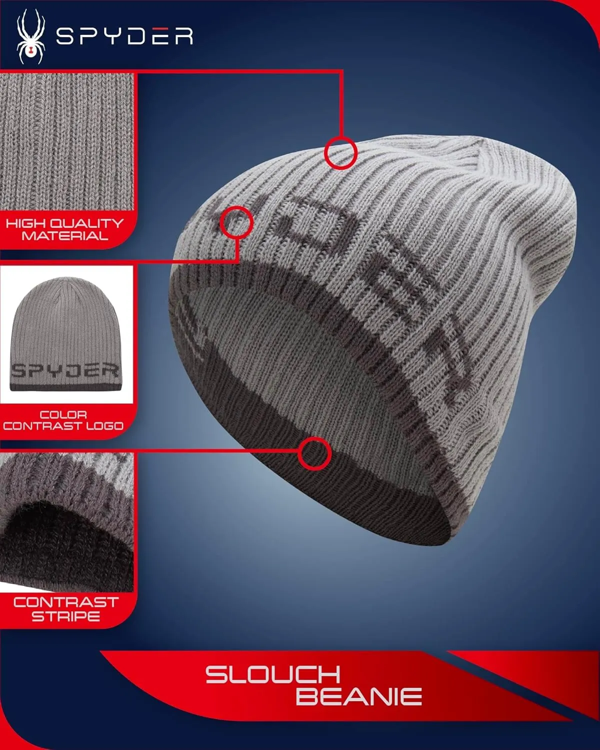 Spyder Men's Beanie - Lightweight Winter Rib Slouchy Beanie for Men - Soft and Warm Mens Beanie Hat, Skull Cap & Winter Hats