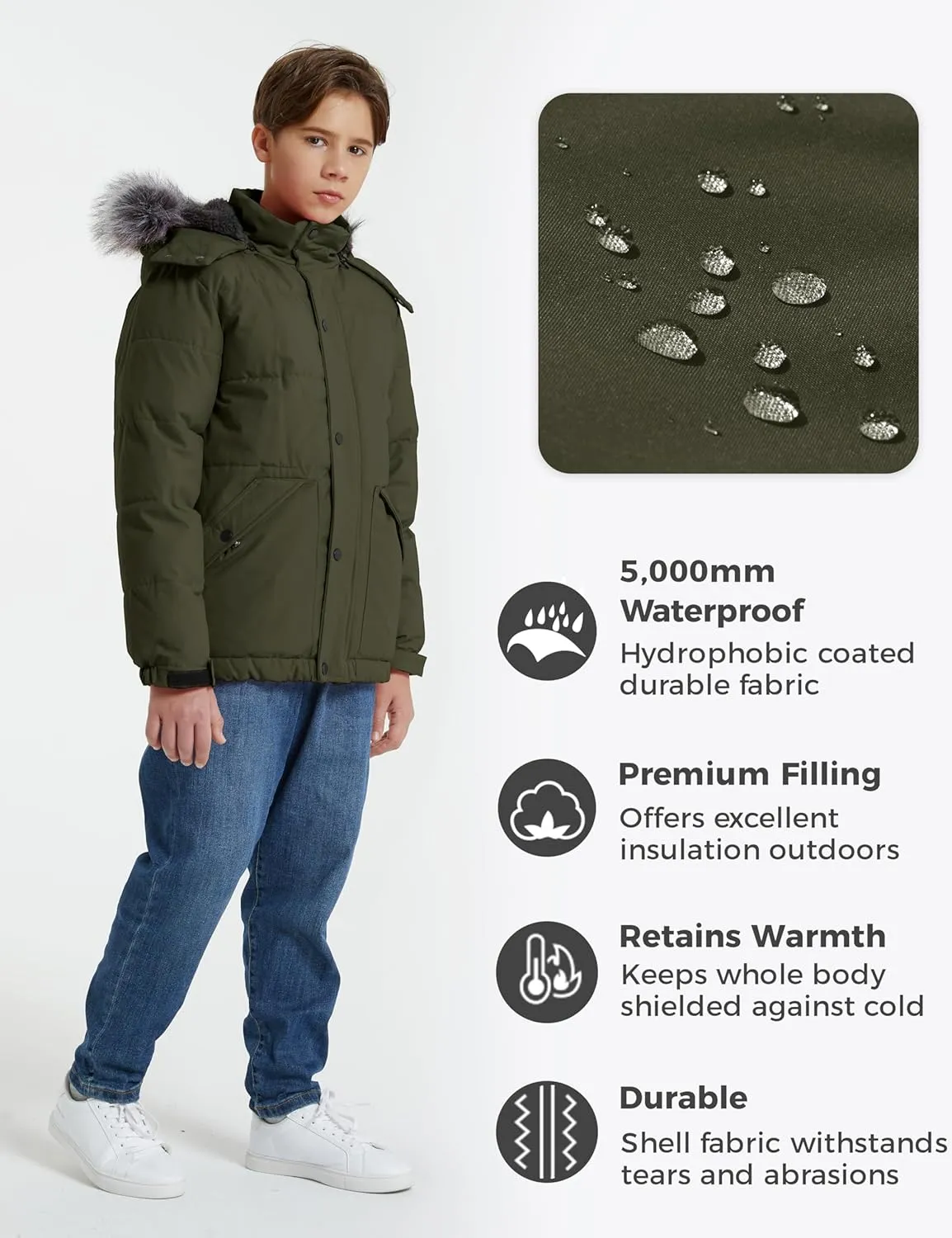 wantdo Boys' Winter Coat Waterproof Puffer Coat Warm Fleece Jacket