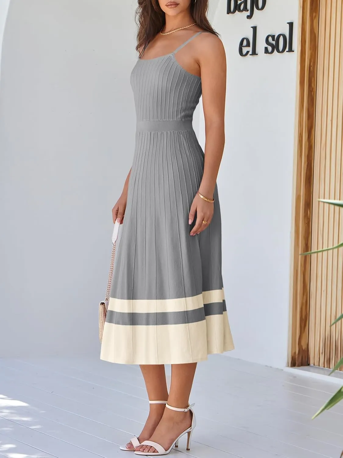 Wenrine Womens Summer Sleeveless Maxi Dress Casual Spaghetti Strap Knit Pleated Contrast Color Beach Dresses