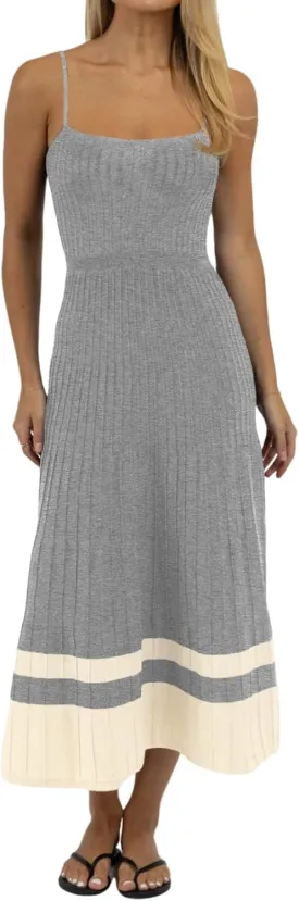 Wenrine Womens Summer Sleeveless Maxi Dress Casual Spaghetti Strap Knit Pleated Contrast Color Beach Dresses