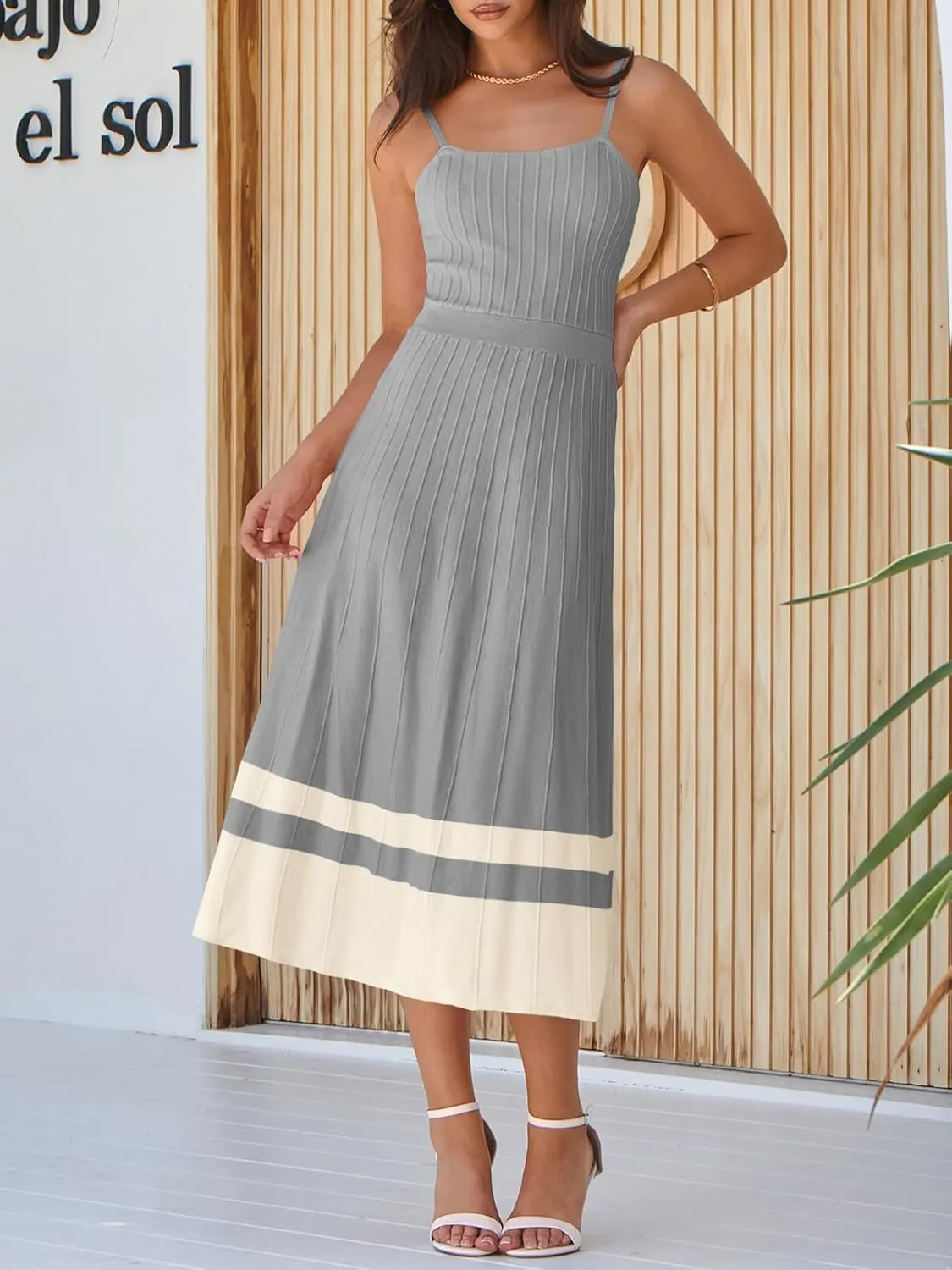 Wenrine Womens Summer Sleeveless Maxi Dress Casual Spaghetti Strap Knit Pleated Contrast Color Beach Dresses