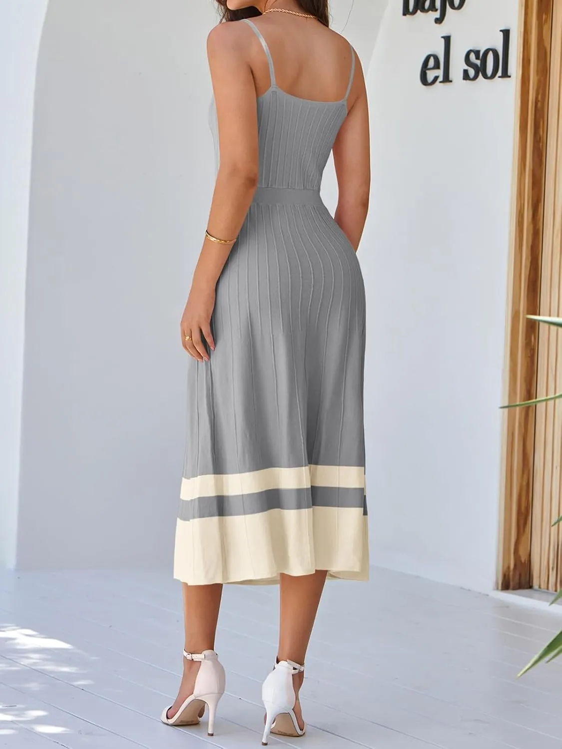 Wenrine Womens Summer Sleeveless Maxi Dress Casual Spaghetti Strap Knit Pleated Contrast Color Beach Dresses