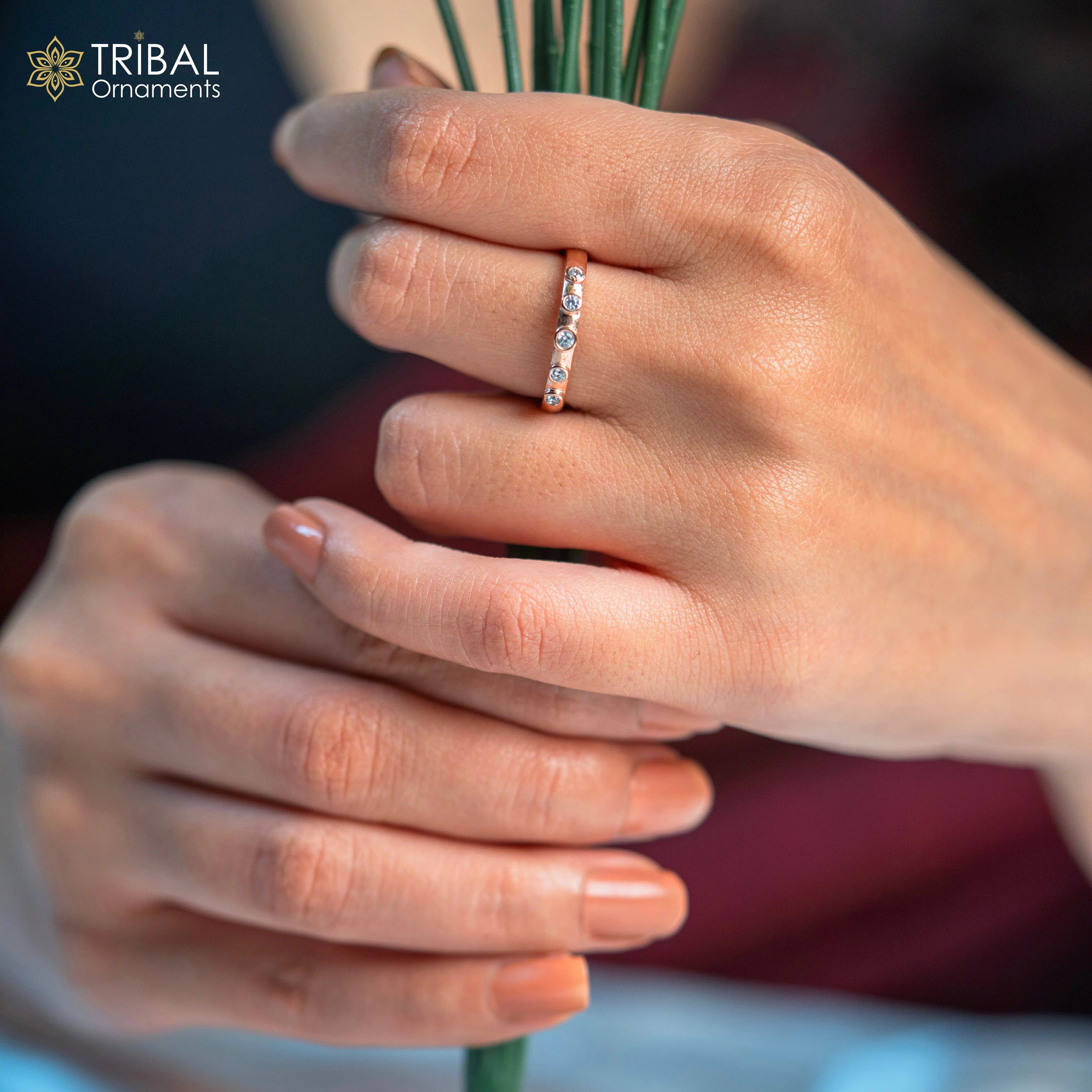 White diamond stylish rose gold silver ring
