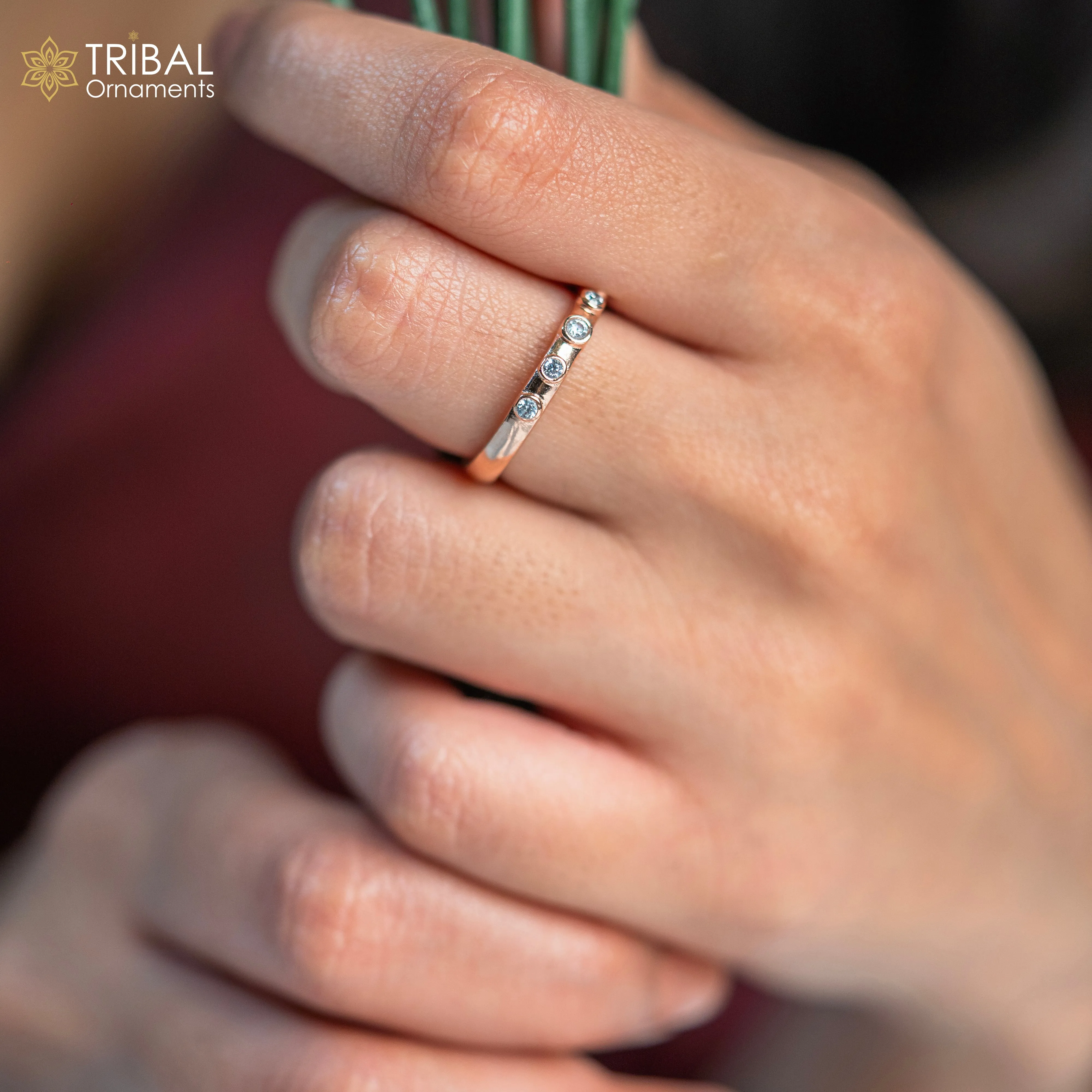 White diamond stylish rose gold silver ring