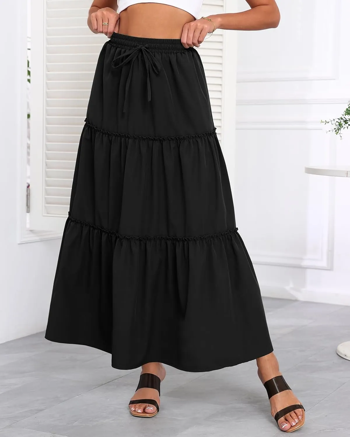 Women's Drawstring Elastic High Waisted Boho Floral Print Maxi Skirt Summer A-Line Flowy Long Skirts with Pockets