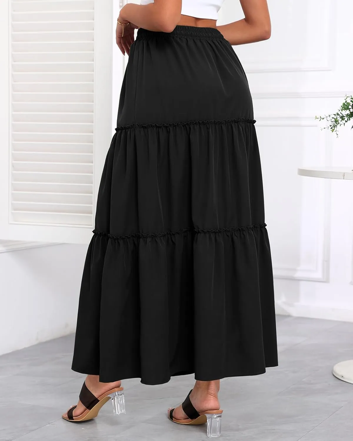 Women's Drawstring Elastic High Waisted Boho Floral Print Maxi Skirt Summer A-Line Flowy Long Skirts with Pockets