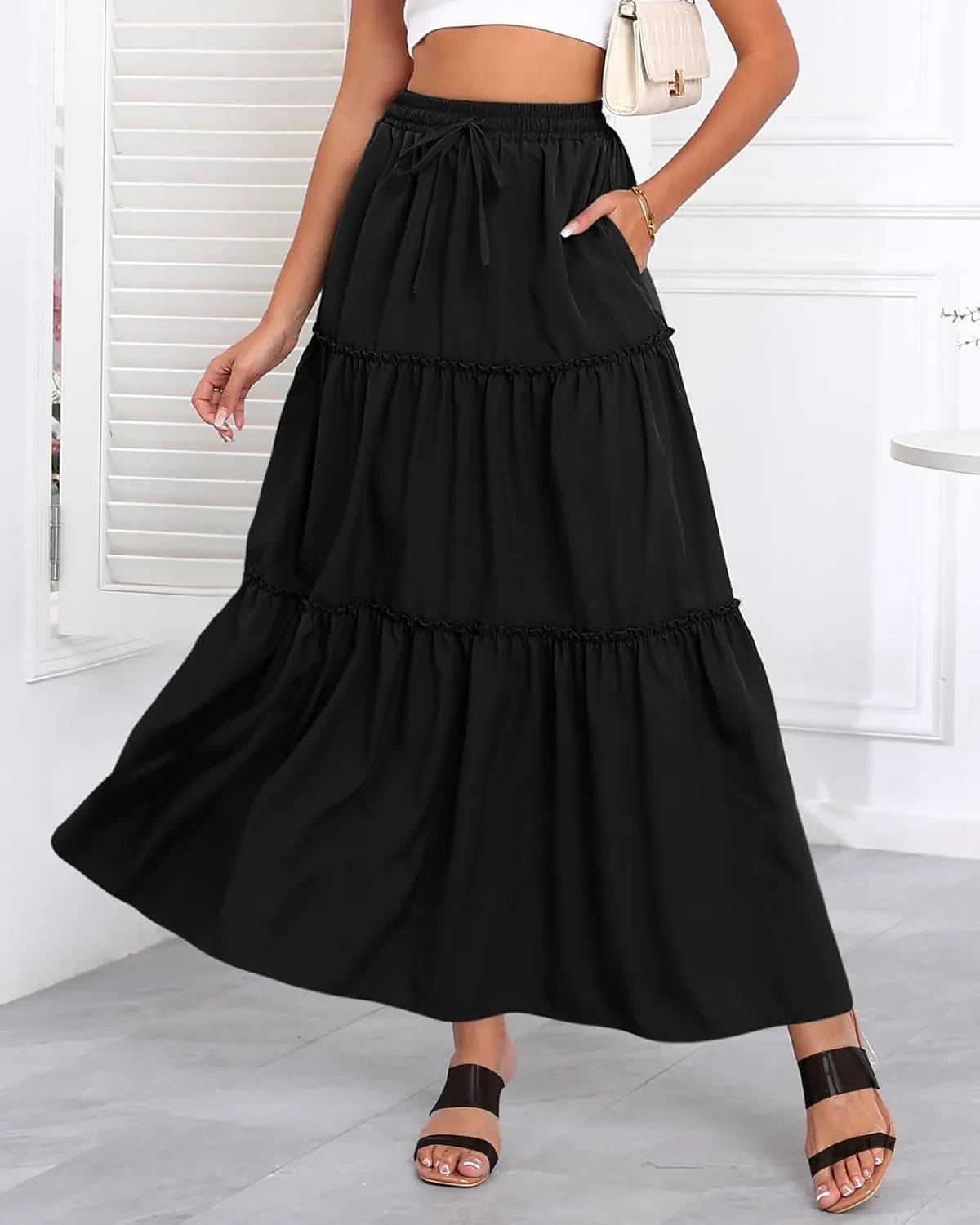 Women's Drawstring Elastic High Waisted Boho Floral Print Maxi Skirt Summer A-Line Flowy Long Skirts with Pockets