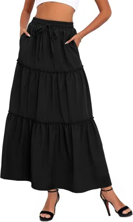 Women's Drawstring Elastic High Waisted Boho Floral Print Maxi Skirt Summer A-Line Flowy Long Skirts with Pockets