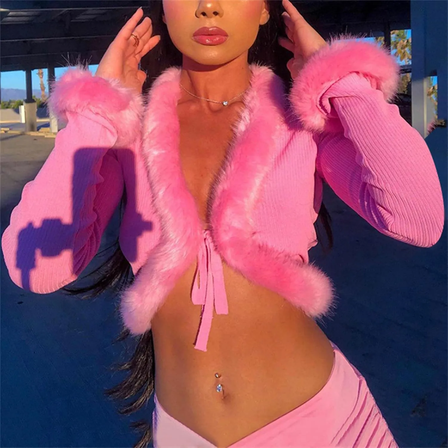 Women's Fluffy Long Sleeve V-Neck Cropped Knit Cardigan Sweaters Solid Pullover Tops with Faux Fur Trim Collar Cuffs