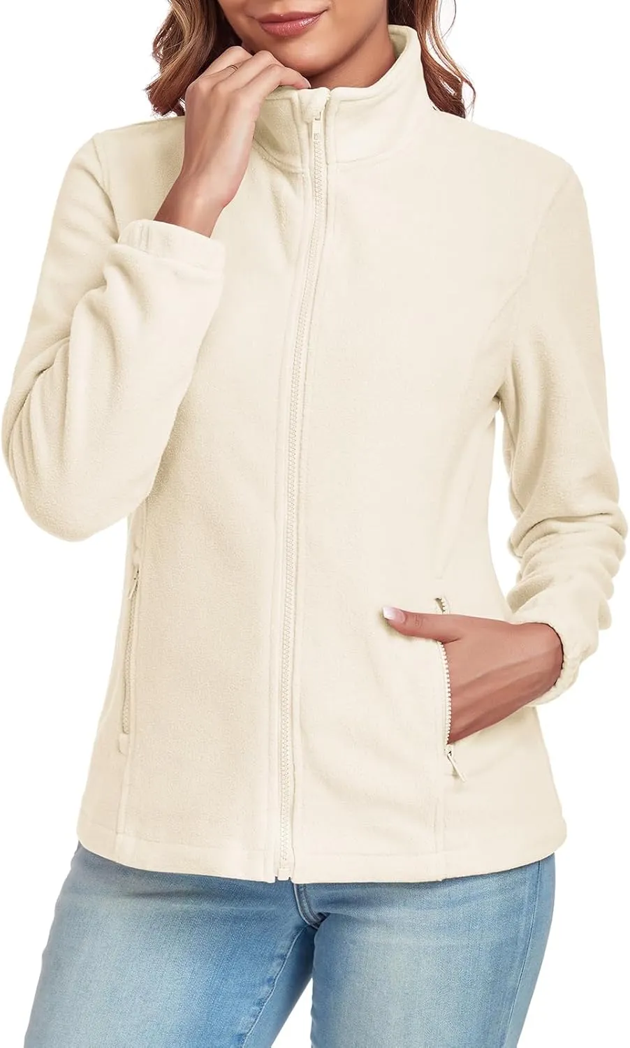 Women's Full Zip up Fleece Jackets Stand Collar Long Sleeve Sherpa Fuzzy Warm Jacket with Pocket