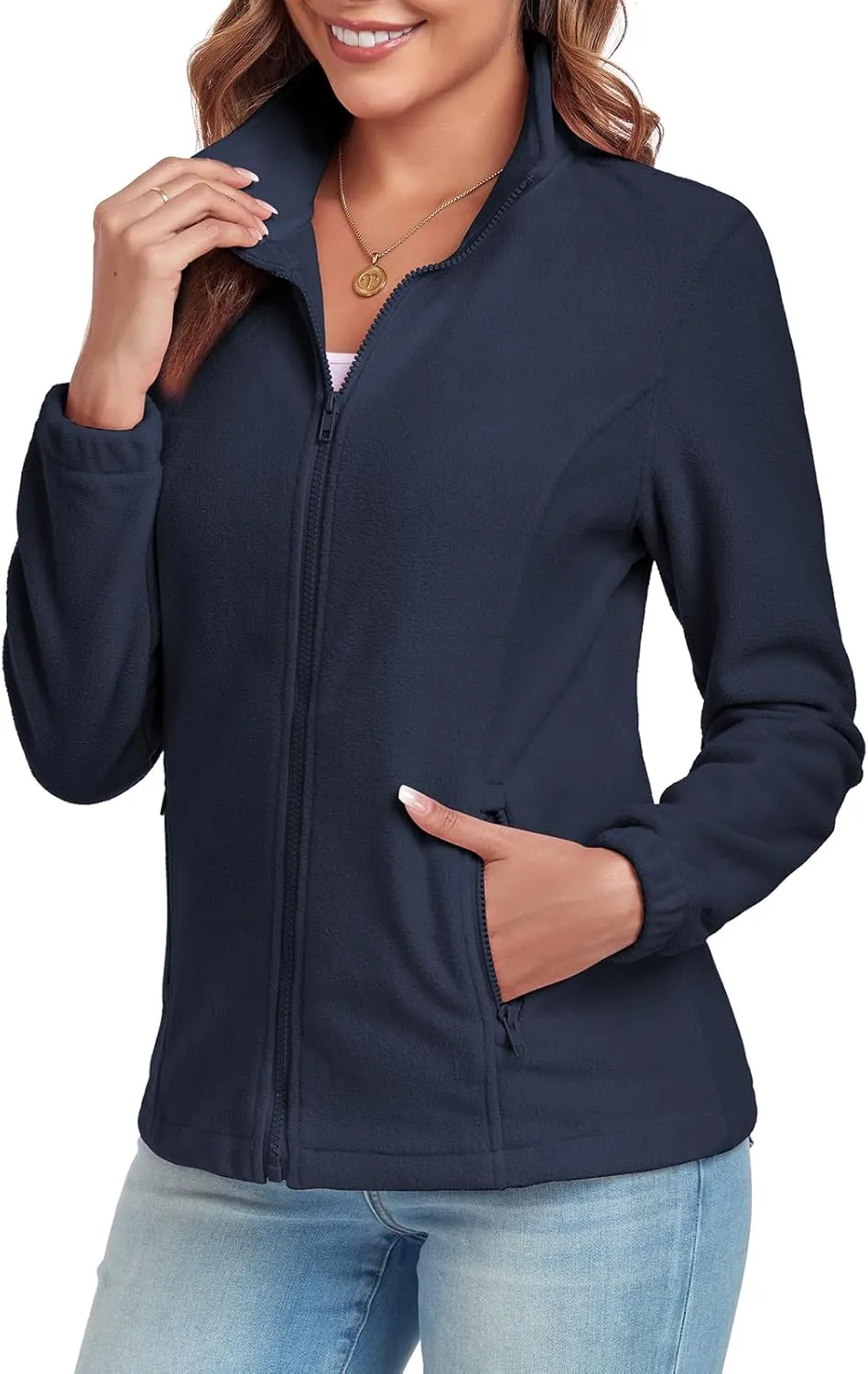 Women's Full Zip up Fleece Jackets Stand Collar Long Sleeve Sherpa Fuzzy Warm Jacket with Pocket