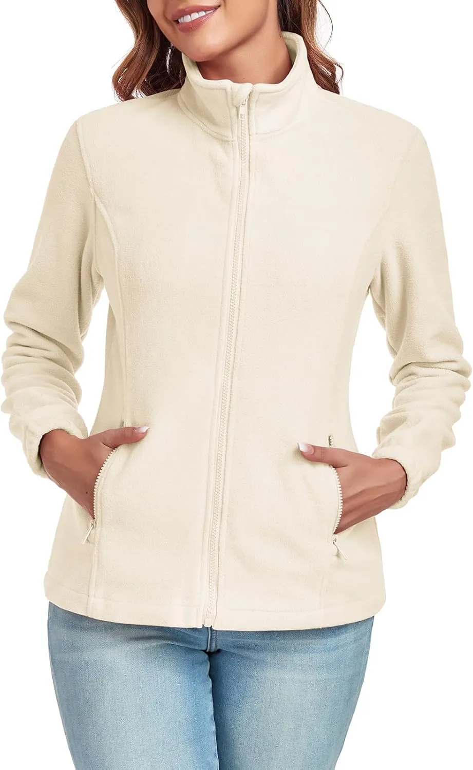 Women's Full Zip up Fleece Jackets Stand Collar Long Sleeve Sherpa Fuzzy Warm Jacket with Pocket