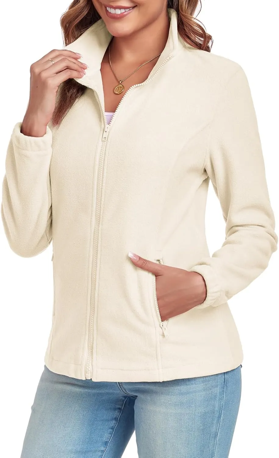 Women's Full Zip up Fleece Jackets Stand Collar Long Sleeve Sherpa Fuzzy Warm Jacket with Pocket