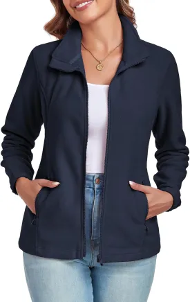 Women's Full Zip up Fleece Jackets Stand Collar Long Sleeve Sherpa Fuzzy Warm Jacket with Pocket