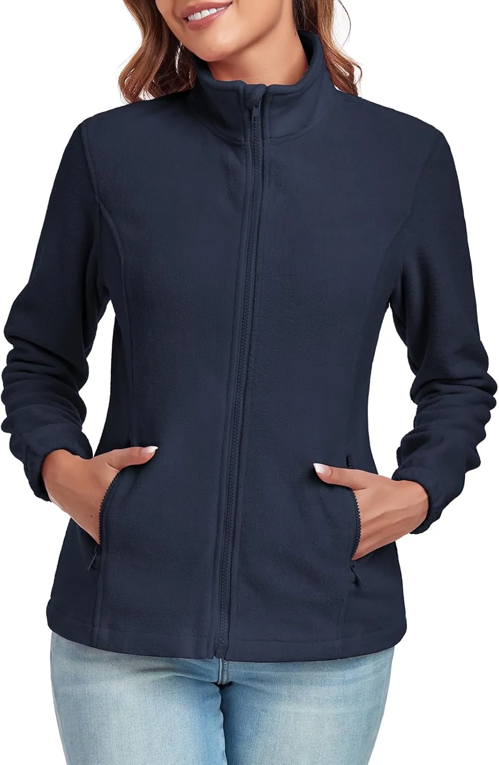 Women's Full Zip up Fleece Jackets Stand Collar Long Sleeve Sherpa Fuzzy Warm Jacket with Pocket