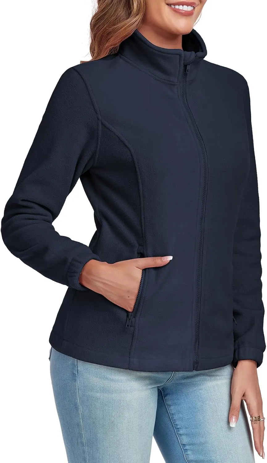 Women's Full Zip up Fleece Jackets Stand Collar Long Sleeve Sherpa Fuzzy Warm Jacket with Pocket