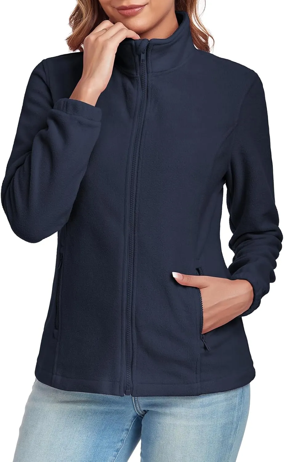 Women's Full Zip up Fleece Jackets Stand Collar Long Sleeve Sherpa Fuzzy Warm Jacket with Pocket