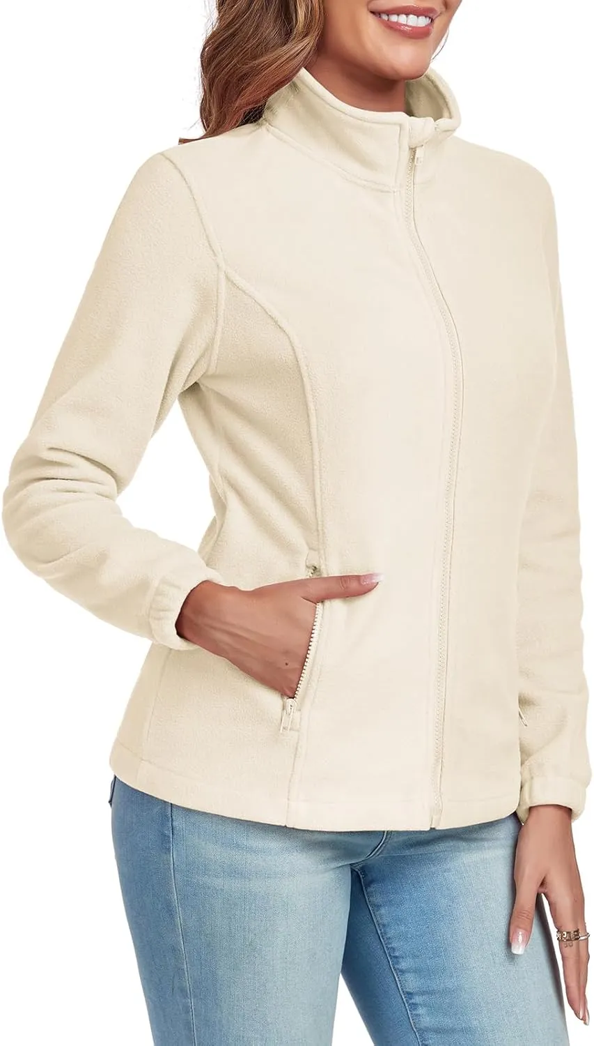 Women's Full Zip up Fleece Jackets Stand Collar Long Sleeve Sherpa Fuzzy Warm Jacket with Pocket
