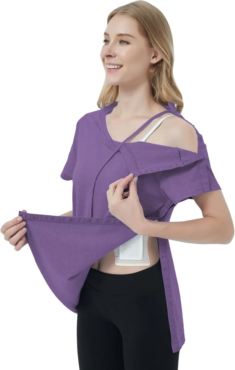 Women's Post Shoulder Surgery Shirts Clothes After Rotator Cuff Surgery Chemo Port Access T Shirt with Snaps