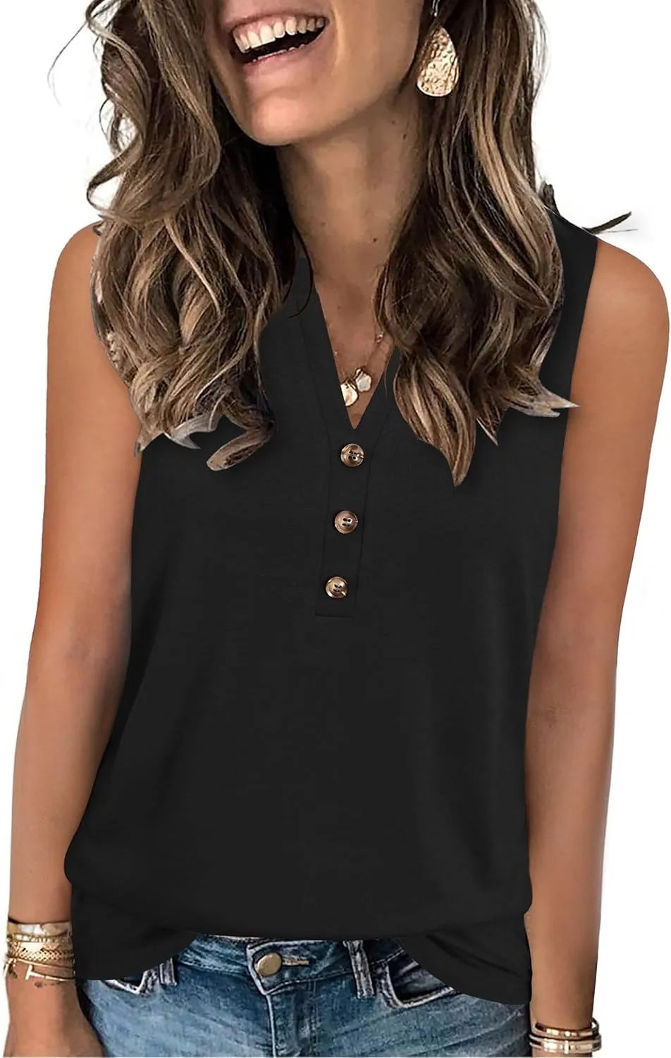 Womens Summer Tank Top V Neck Sleeveless Tops Button Shirts Loose Fit Basic Clothes