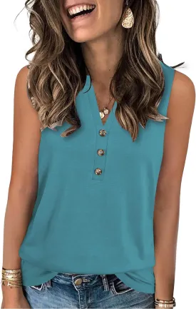 Womens Summer Tank Top V Neck Sleeveless Tops Button Shirts Loose Fit Basic Clothes