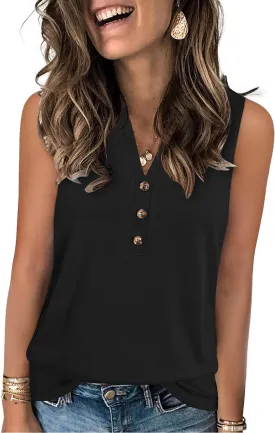 Womens Summer Tank Top V Neck Sleeveless Tops Button Shirts Loose Fit Basic Clothes