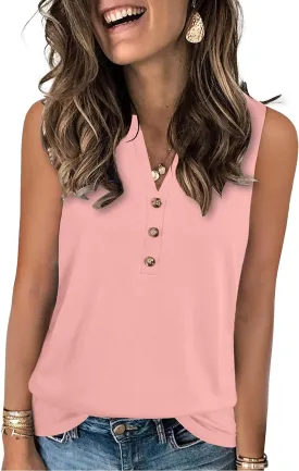 Womens Summer Tank Top V Neck Sleeveless Tops Button Shirts Loose Fit Basic Clothes
