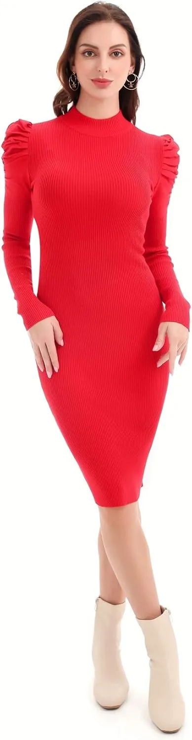 Womens Sweater Dresses Ribbed Puff Sleeve Midi Dress Winter Mock Neck