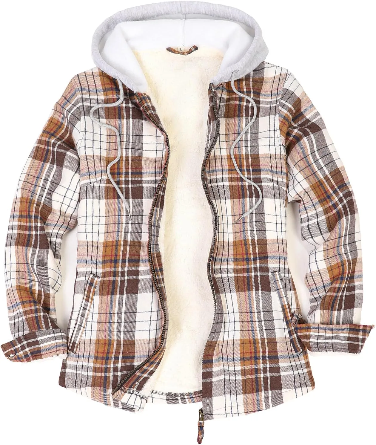 ZENTHACE Women's Hooded Flannel Shirt Jacket,Sherpa Lined Full Zip Fall Winter Plaid Shacket