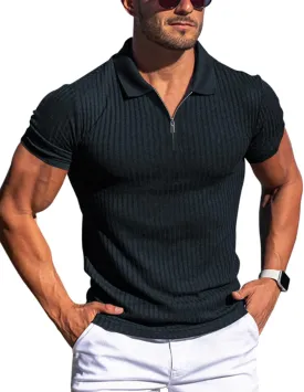 Zipper Muscle Polo Shirts for Men Slim Fit Short Sleeve Cotton Ribbed Knit Golf Shirt