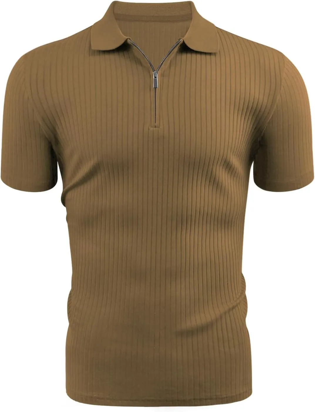 Zipper Muscle Polo Shirts for Men Slim Fit Short Sleeve Cotton Ribbed Knit Golf Shirt