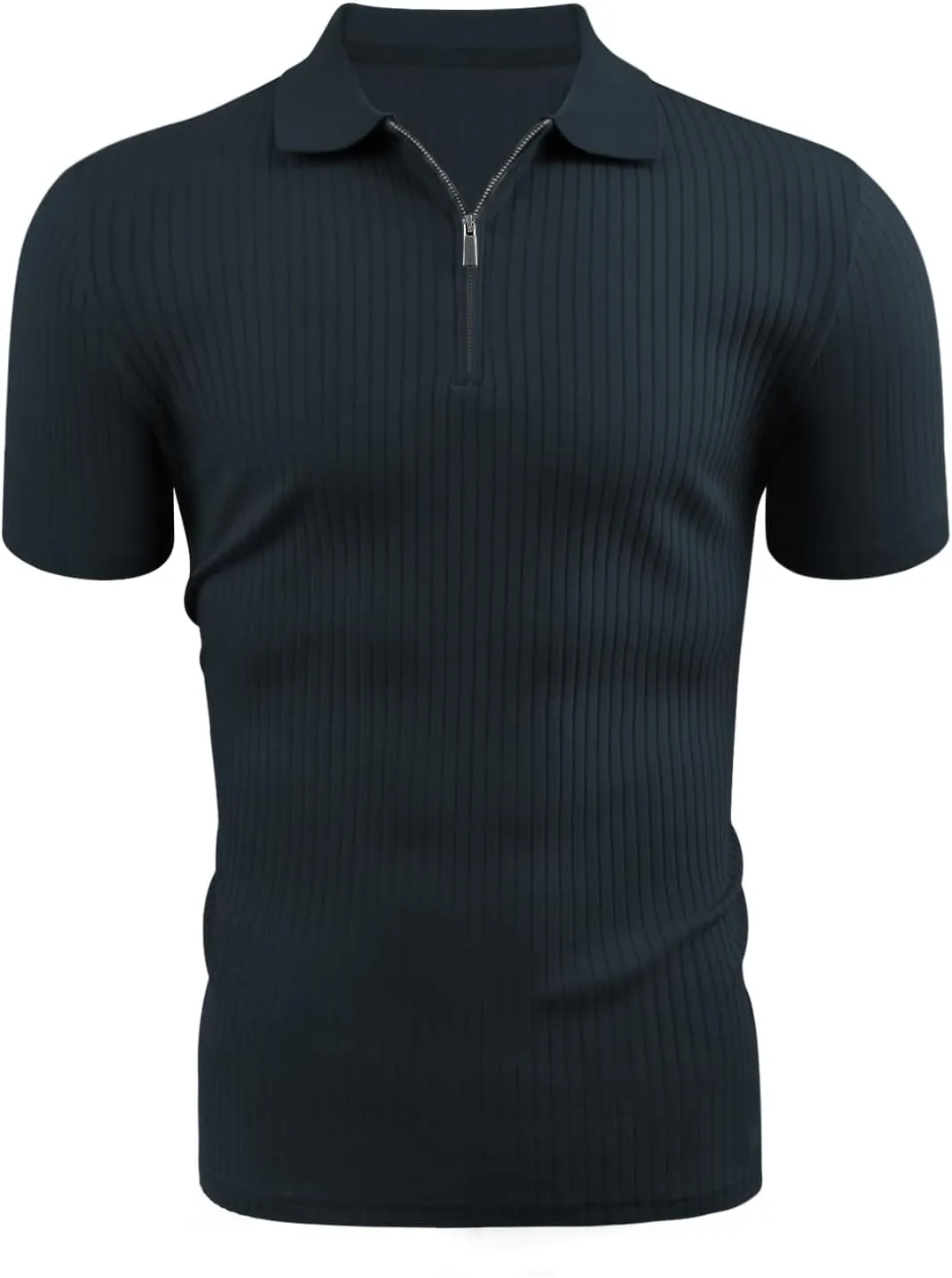 Zipper Muscle Polo Shirts for Men Slim Fit Short Sleeve Cotton Ribbed Knit Golf Shirt