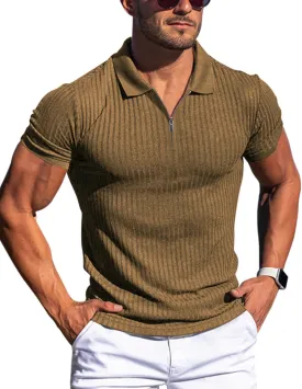 Zipper Muscle Polo Shirts for Men Slim Fit Short Sleeve Cotton Ribbed Knit Golf Shirt