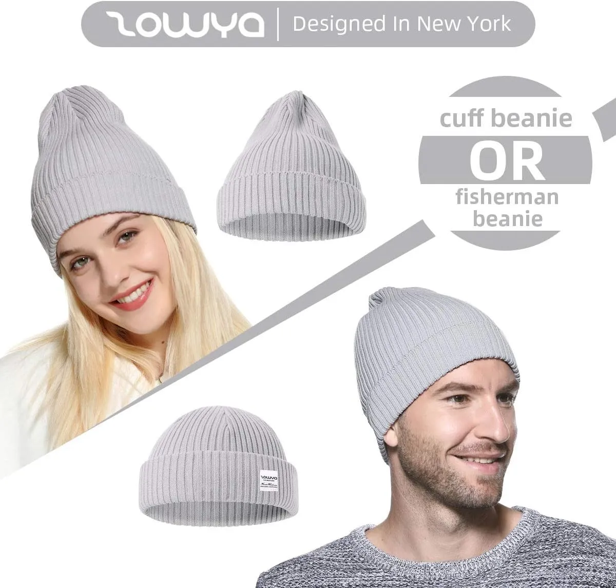 zowya Mens Winter Knit Beanie Hat, Rib Watch Cap Skull Cap Winter Ski Hat for Daily, 1 Hat 2 Style