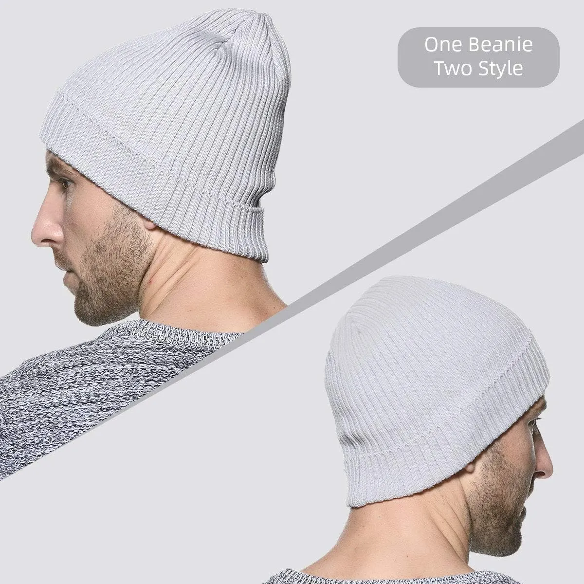 zowya Mens Winter Knit Beanie Hat, Rib Watch Cap Skull Cap Winter Ski Hat for Daily, 1 Hat 2 Style
