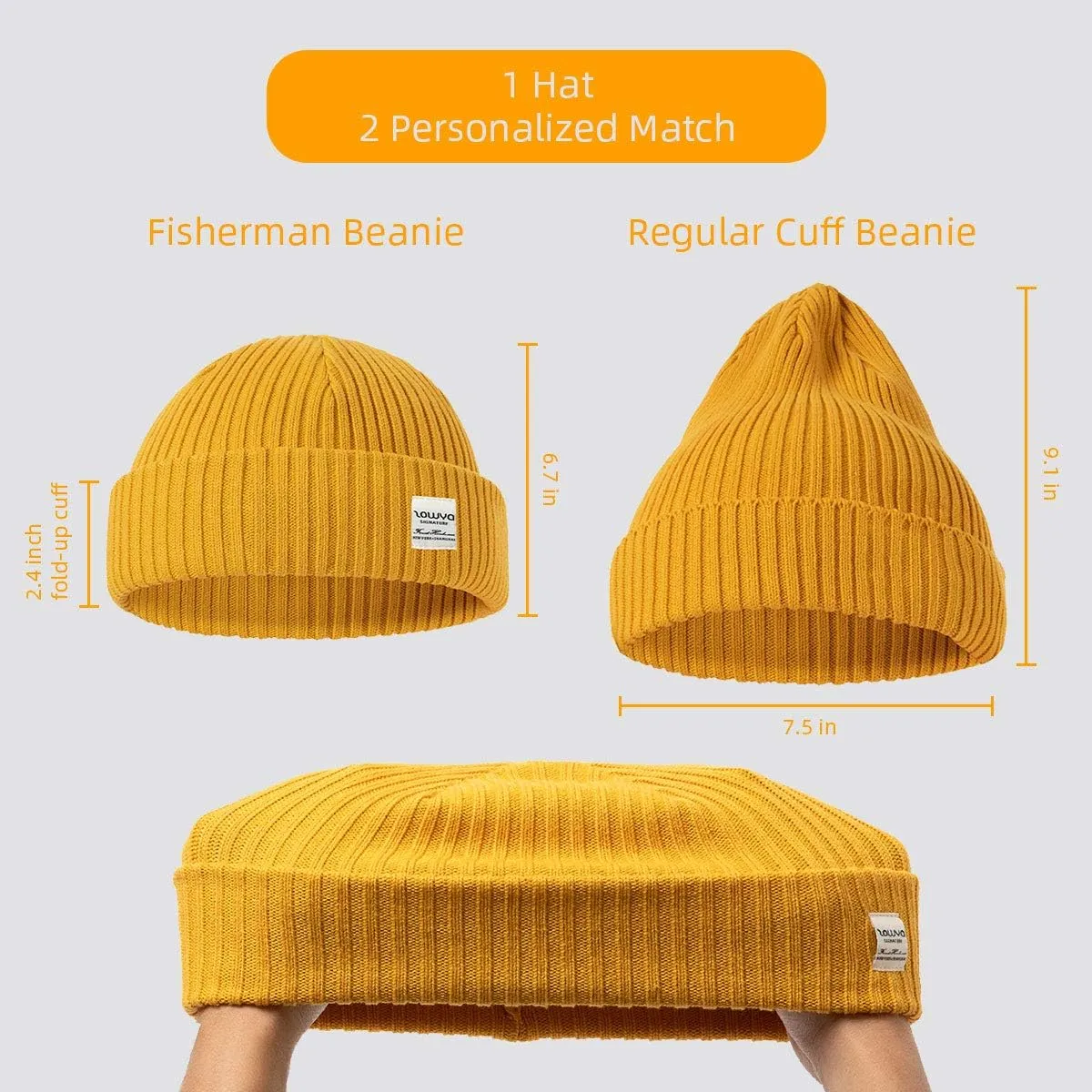 zowya Mens Winter Knit Beanie Hat, Rib Watch Cap Skull Cap Winter Ski Hat for Daily, 1 Hat 2 Style