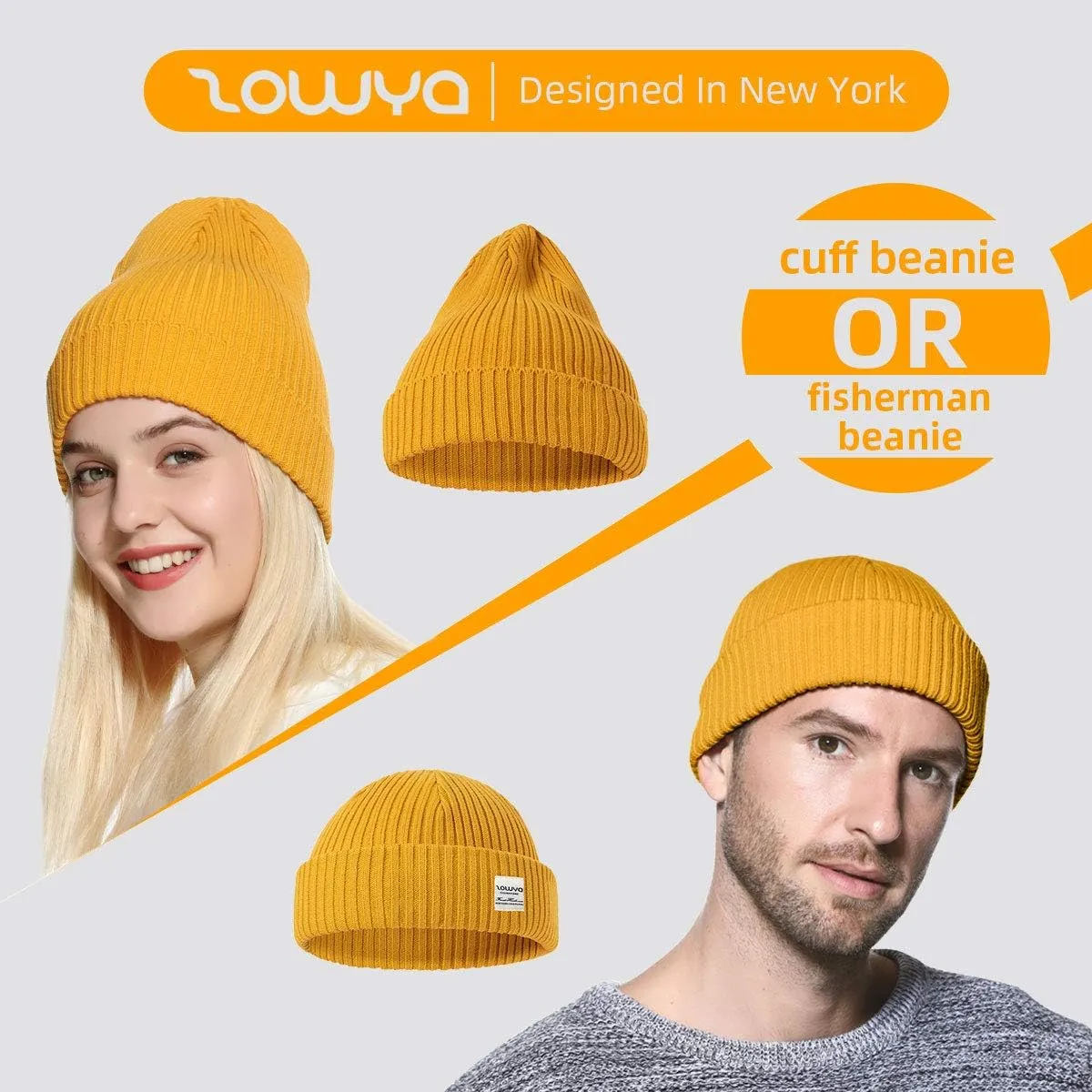 zowya Mens Winter Knit Beanie Hat, Rib Watch Cap Skull Cap Winter Ski Hat for Daily, 1 Hat 2 Style